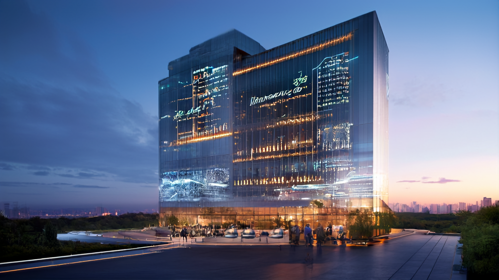 未来城市的办公大楼内，智能机器人和AI智能获客系统协同工作，提升营销效率。