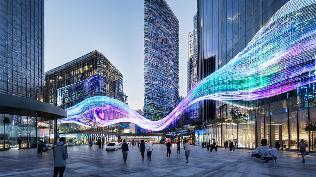 High-tech commercial street scene in a future city showcasing AI smart acquisition system