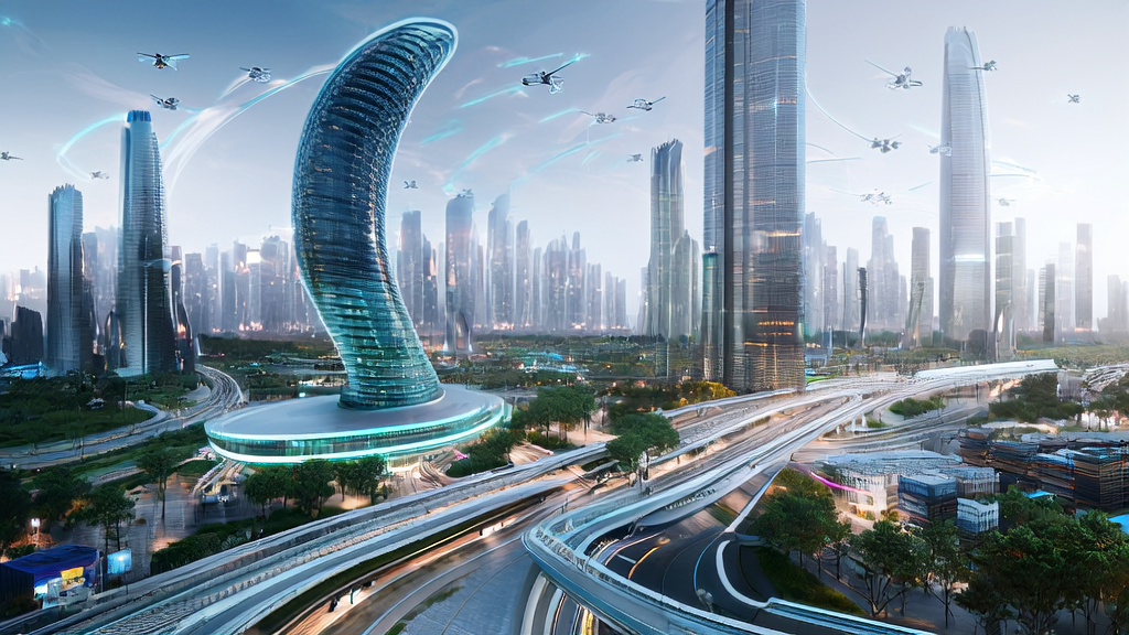 AI smart acquisition system in a futuristic city, showcasing new breakthroughs in cross-border e-commerce marketing