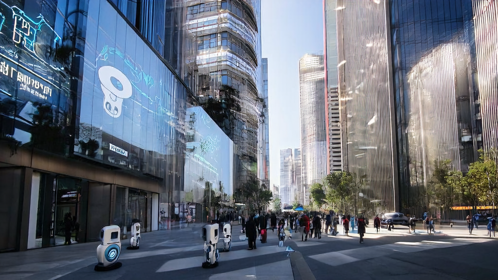 A futuristic city street showcasing the Meeseeks evaluation benchmark by Meituan, with AI smart acquisition system signs everywhere