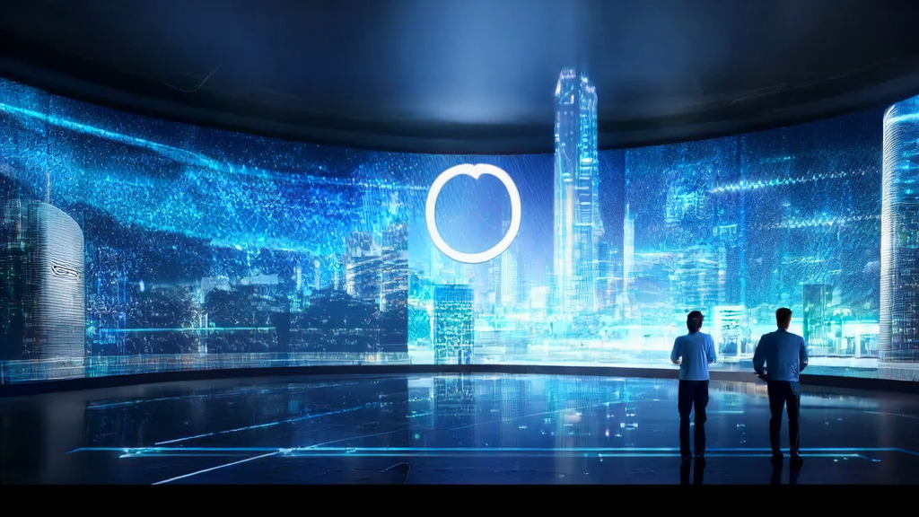 In a futuristic city, a young entrepreneur is using the AI smart acquisition system powered by Huawei Pangu Model 5.5 for precise customer analysis.