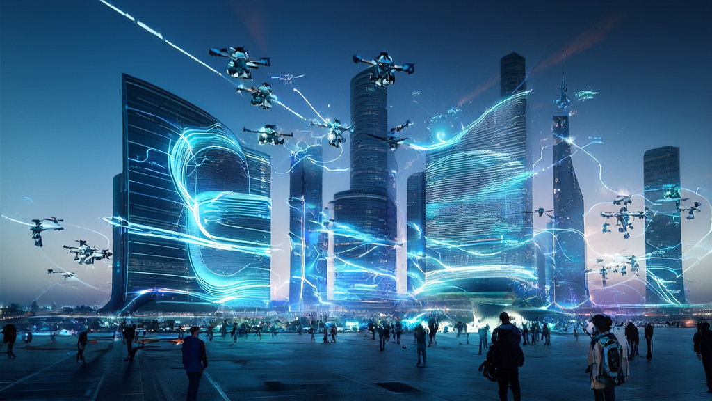 展示未来城市的AI智能获客系统应用，包括个性化邮件营销和无人机传递信息。