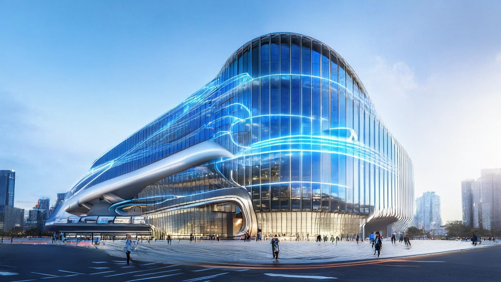 未来城市的现代化办公楼，展示AI智能获客系统的高效运作