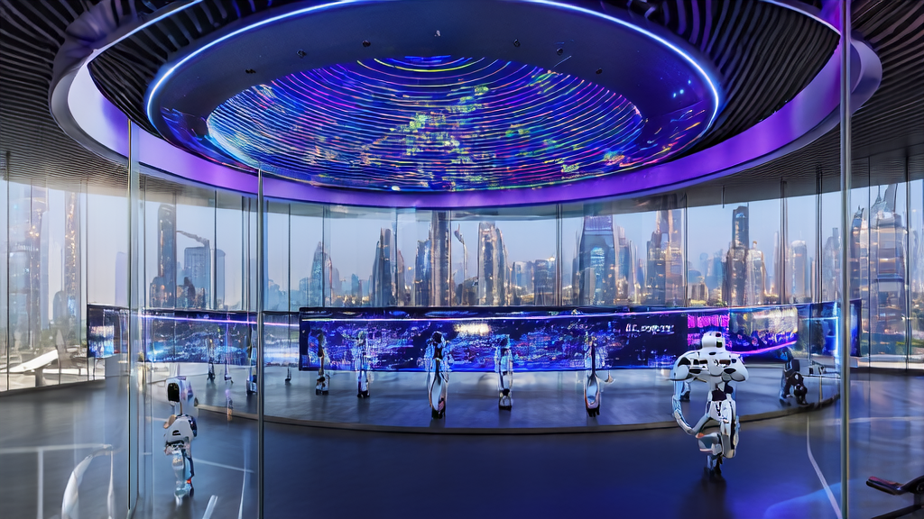 Control center of AI smart acquisition system displaying global e-commerce sales data, with busy robots and data analysts working in a futuristic cityscape.