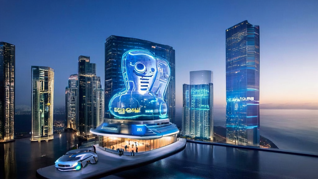 未来城市的高楼大厦中，智能机器人和员工通过AI智能获客系统高效协作，展示基于AI的高转化邮件策略和Seedream3.0生成的精美图像。