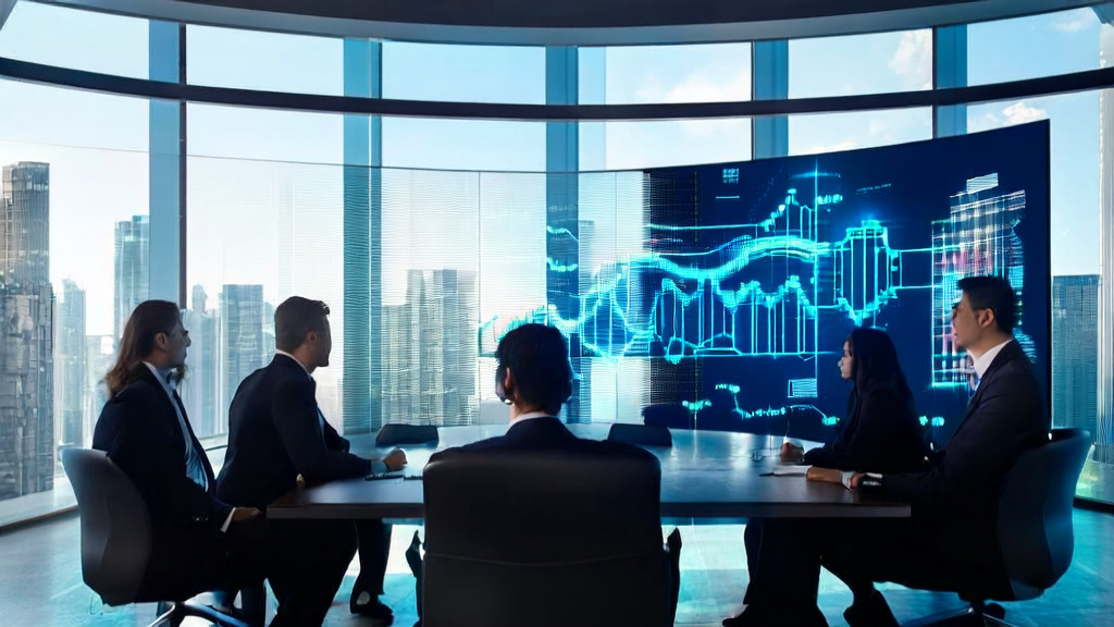 Business professionals in a modern office using AI technology for data analysis, showcasing the application of AI smart acquisition systems in the B2B market