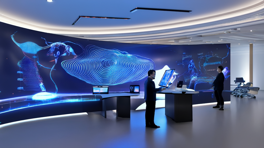 未来科技感办公室中展示AI智能获客系统运行的场景