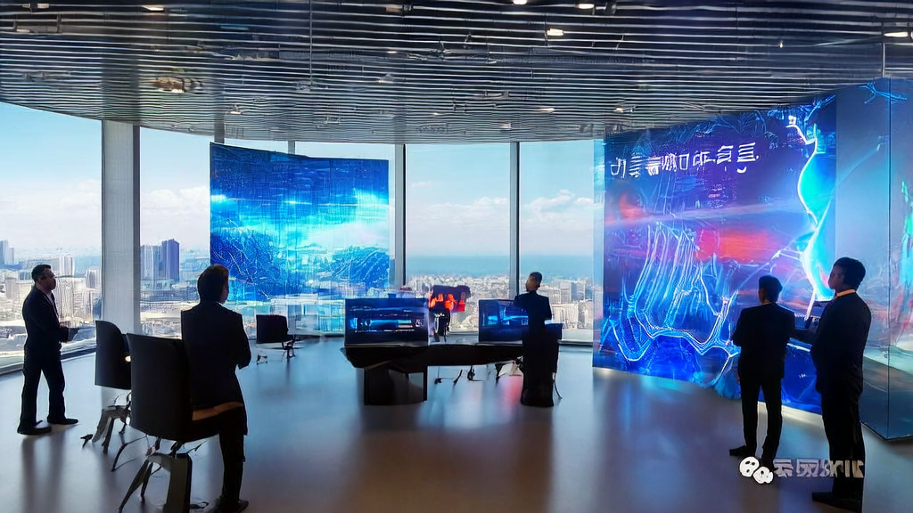 AI智能获客系统在跨境电商中的应用示例，展示了现代化办公室内员工通过智能设备与全球客户互动的场景。