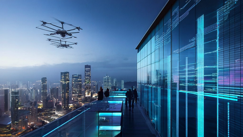 在未来的城市中，创业者利用AI智能获客系统分析客户数据，背景是繁忙的高科技都市景象。