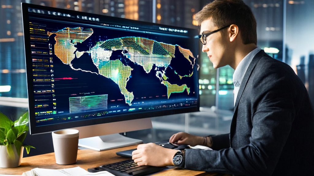 Entrepreneur using AI smart acquisition system for global market analysis in a modern office