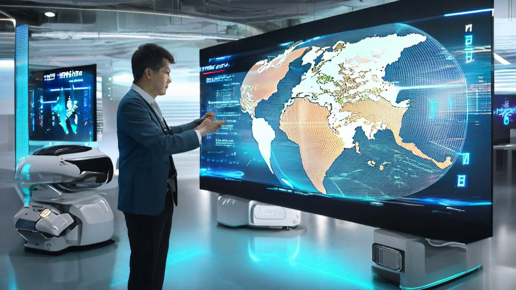 现代化办公室中的外贸业务员使用AI智能获客系统进行全球客户分析