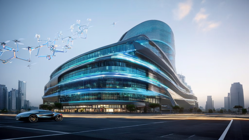 A futuristic corporate building showcasing the operation of an AI smart acquisition system