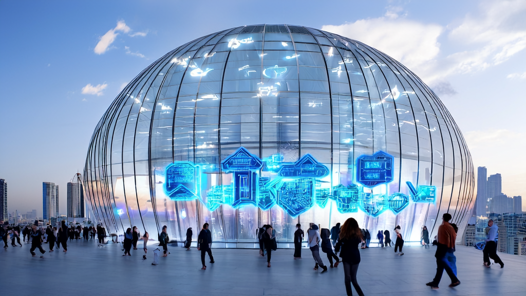 A futuristic city center featuring Alibaba Cloud's Baitian MCP Square, showcasing over 40 AI entity service icons with people interacting and experiencing the latest AI technologies.