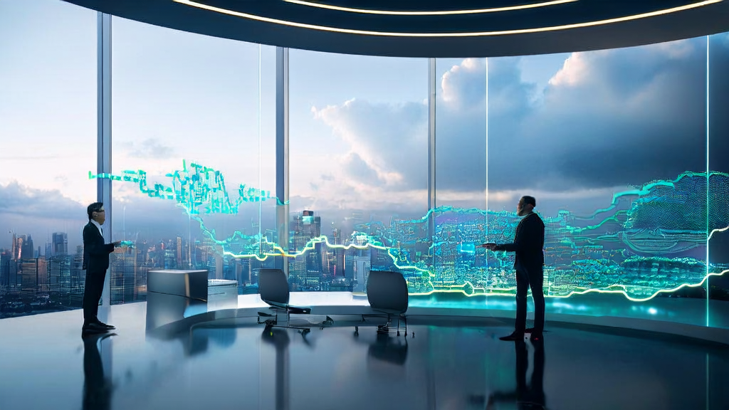 Business professional using AI smart acquisition system in a futuristic tech office