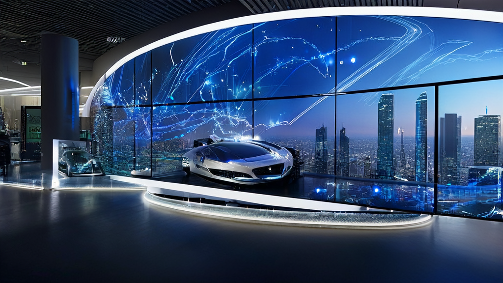 展示了现代化办公环境中，员工通过智能屏幕监控数据，互动展示台上的具身智能汽车模型，体现了AI技术在B2B市场的应用。