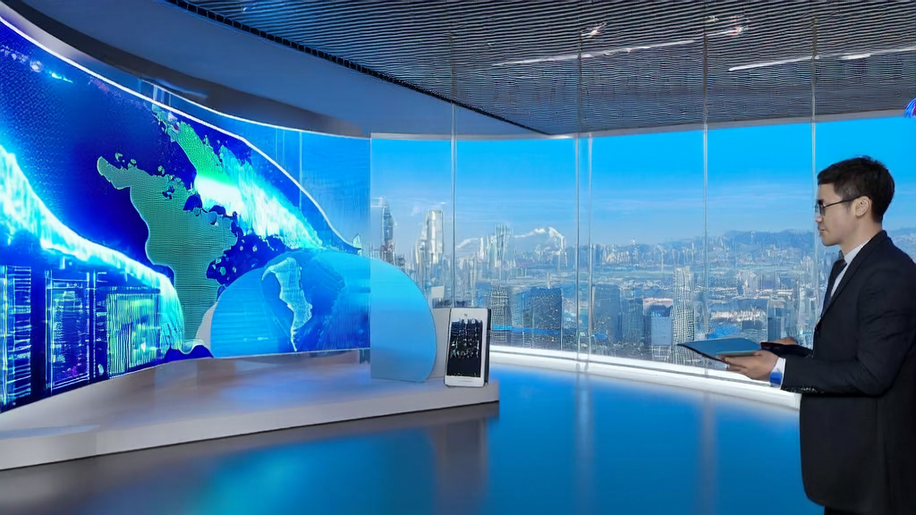 AI smart acquisition system leading cross-border e-commerce transformation, showcasing a futuristic office scene with data analysis