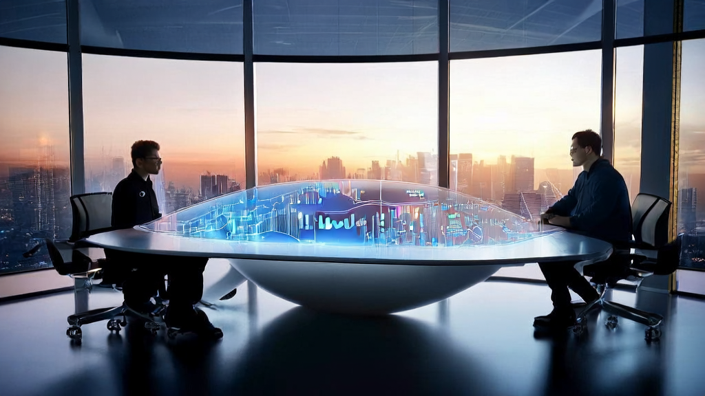 AI smart acquisition system leading the new era of digital marketing: Programmers in a futuristic office using the NeuralOS operating system to discuss the latest marketing strategies.