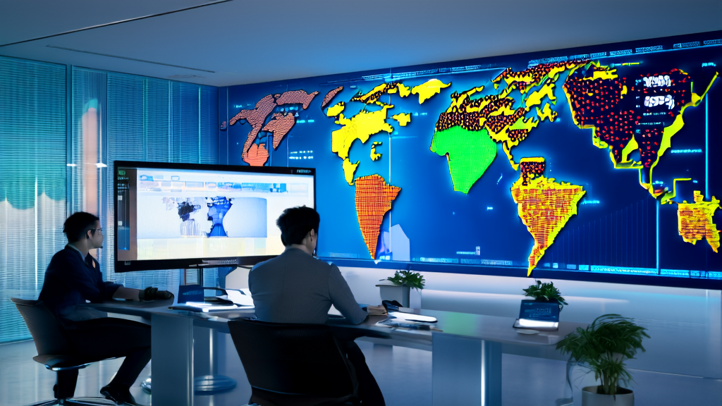 AI智能获客系统引领未来外贸增长：现代化办公室里的员工通过苹果电脑分析全球市场数据