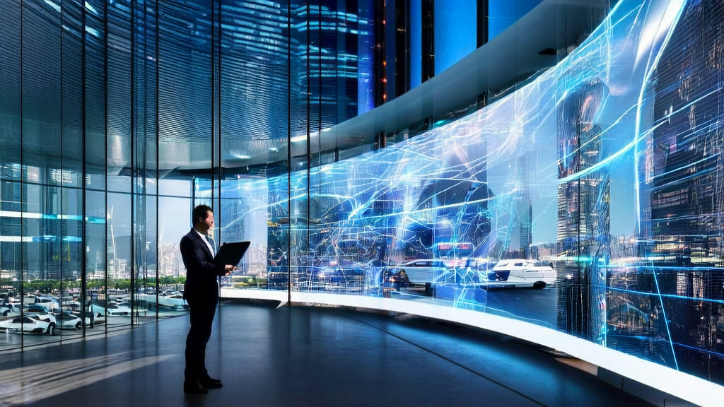 AI smart acquisition system leading businesses to success, with an entrepreneur interacting with a virtual assistant to discuss customer screening strategies
