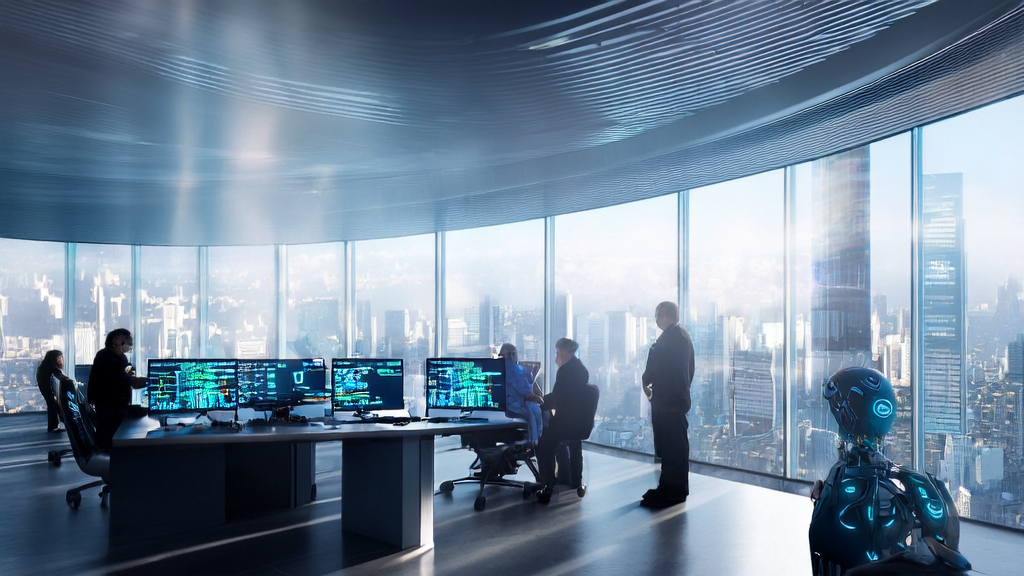 Engineers working efficiently with AI smart acquisition system in a futuristic office