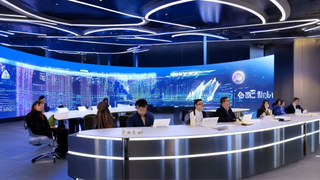 未来城市的高科技办公室内展示AI智能获客系统的场景