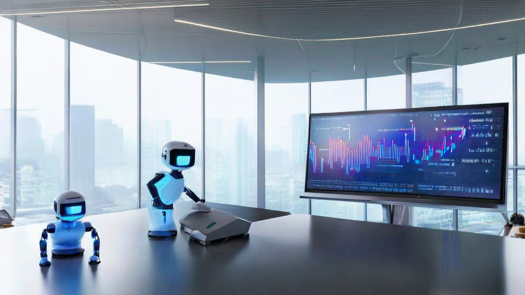 A high-tech office showcasing the AI smart acquisition system interface and the GO-1 robot model