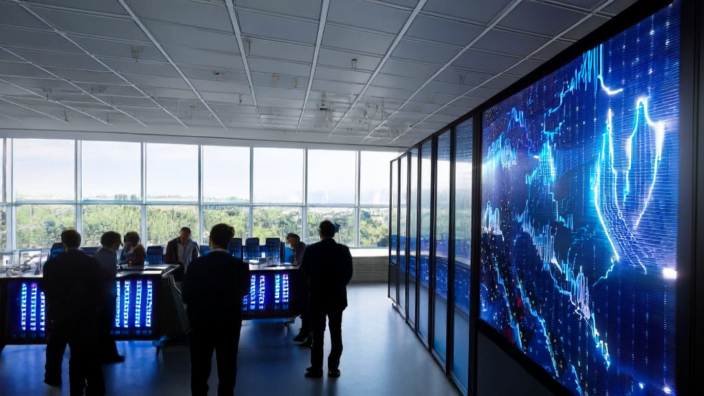 Engineers monitoring the operation of an AI smart acquisition system in a modern office