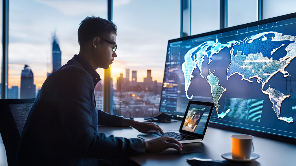 A young entrepreneur using AI smart acquisition system for cross-border e-commerce marketing in a modern office