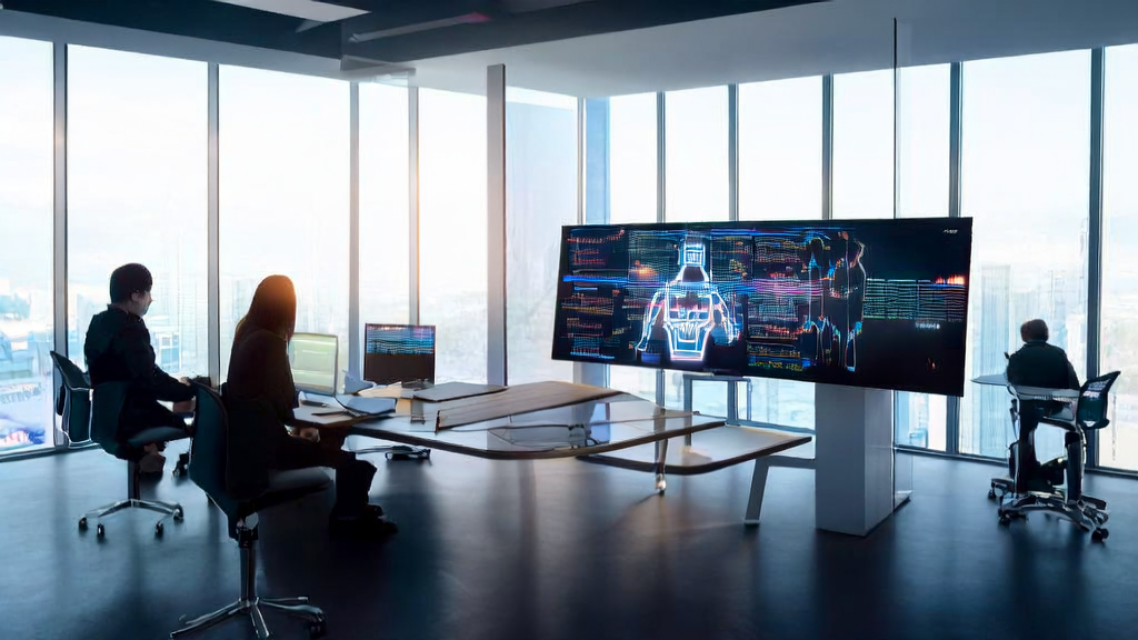 Engineers discussing AI smart acquisition system and AI-powered email refinement tool in an office meeting
