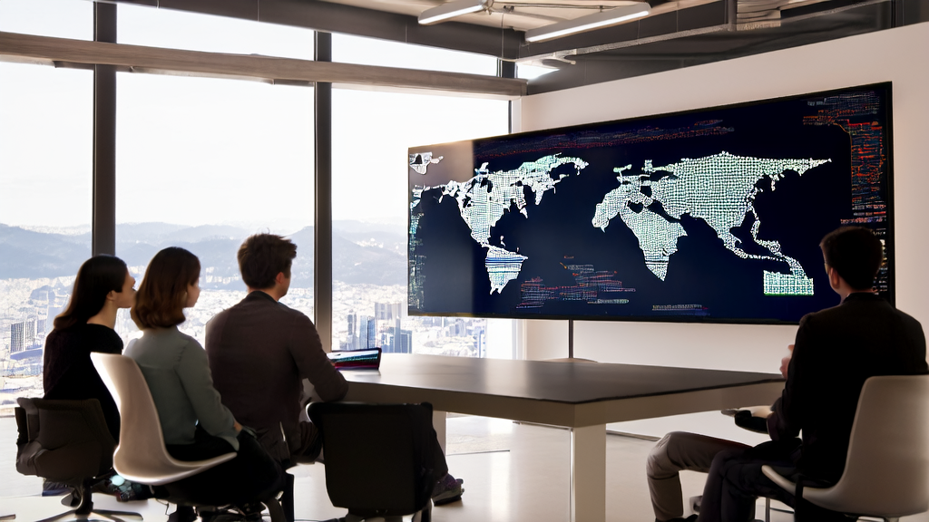 In a sunlit office, programmers are discussing how to optimize the AI smart acquisition system, with a world map in the background.