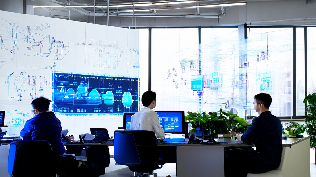 Employees in a modern office are discussing the application of AI smart acquisition systems, particularly how to improve customer response rates through AI-optimized email marketing.