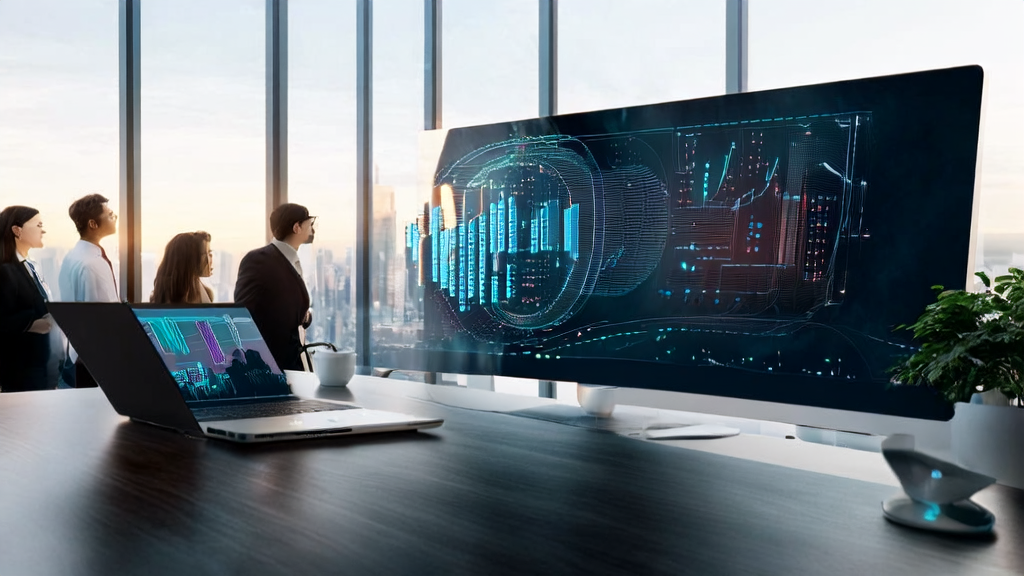 Business professionals discussing AI smart acquisition system in a modern office