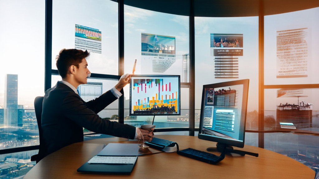 A young entrepreneur in a modern office using AI smart acquisition system to analyze customer data, with a bustling city skyline outside the window
