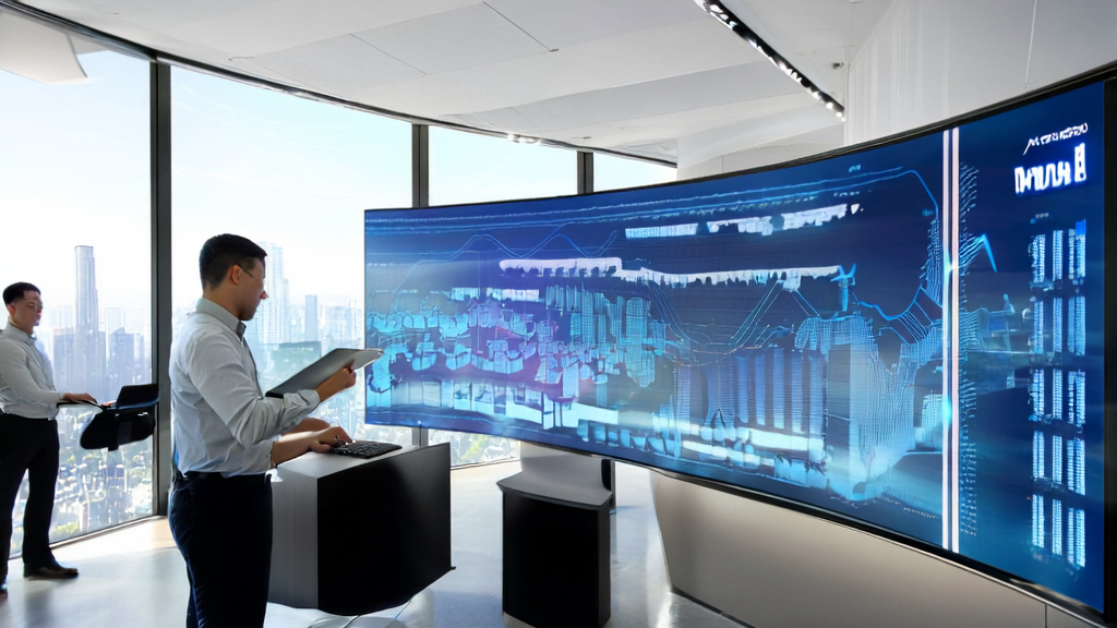 Modern office showcasing AI smart acquisition system, project manager demonstrating system features