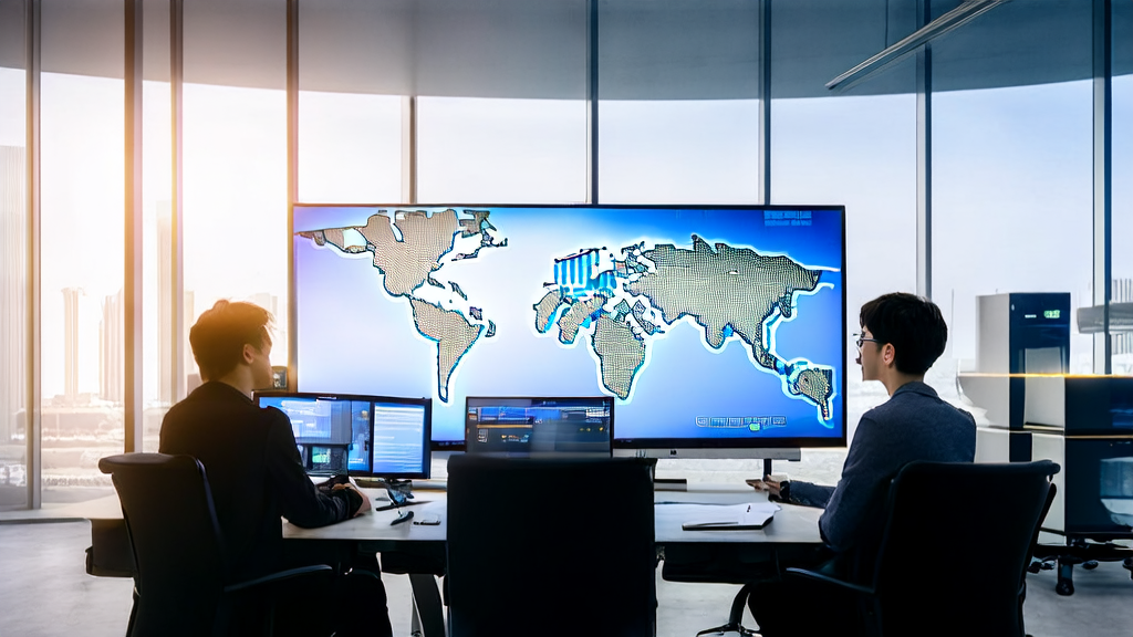 办公室内展示AI智能获客系统的场景，年轻创业者们围坐在一起讨论跨境电商营销策略。