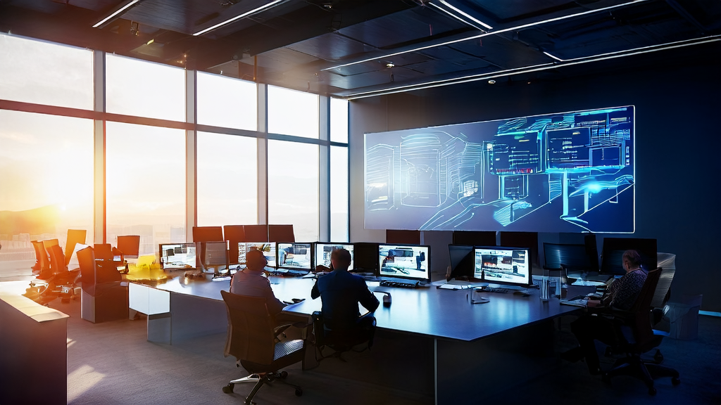 A modern office bathed in sunlight, with team members discussing AI smart acquisition systems, showcasing the power of technology and collaboration.