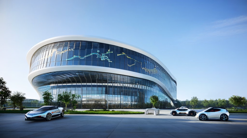 The power of AI smart acquisition system: A futuristic office park with a high-tech building displaying real-time data