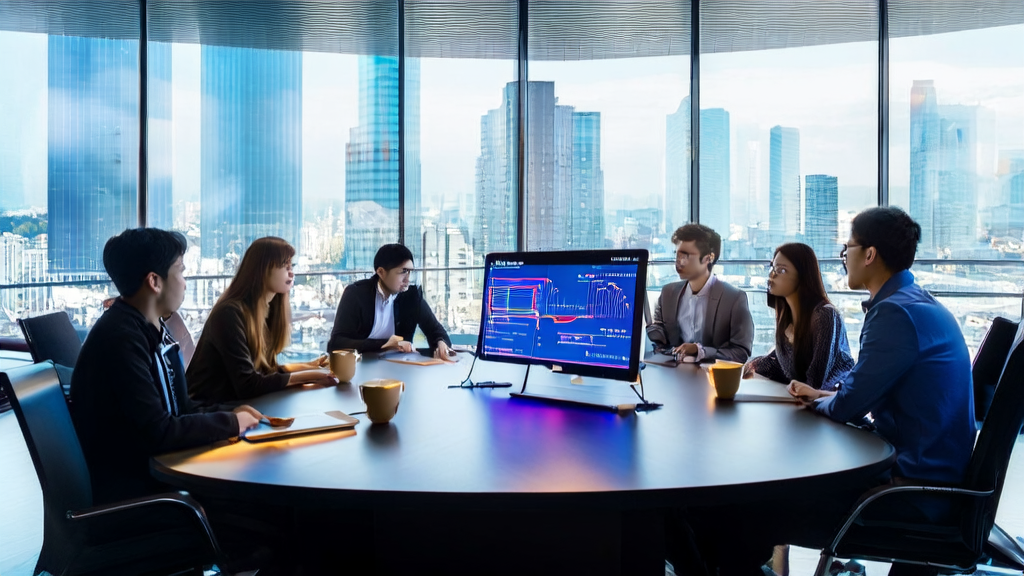 AI Smart Acquisition System Redefines Enterprise Growth Strategies: Entrepreneurs discuss how to leverage AI technology to enhance marketing efficiency in a modern office.