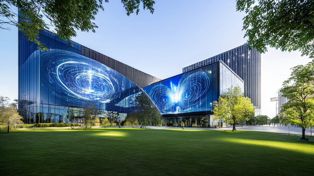 阳光明媚的科技园区中，现代化办公楼展示AI智能获客系统的运作流程，微软投资的AI数据中心高效运行，虚拟人物使用AI系统筛选潜在客户。