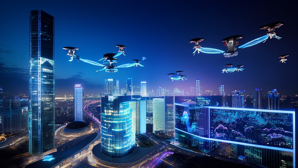 AI智能获客系统正在重塑跨境电商格局，科技感十足的城市中心，专家们正在讨论数据分析和客户匹配的新方法。