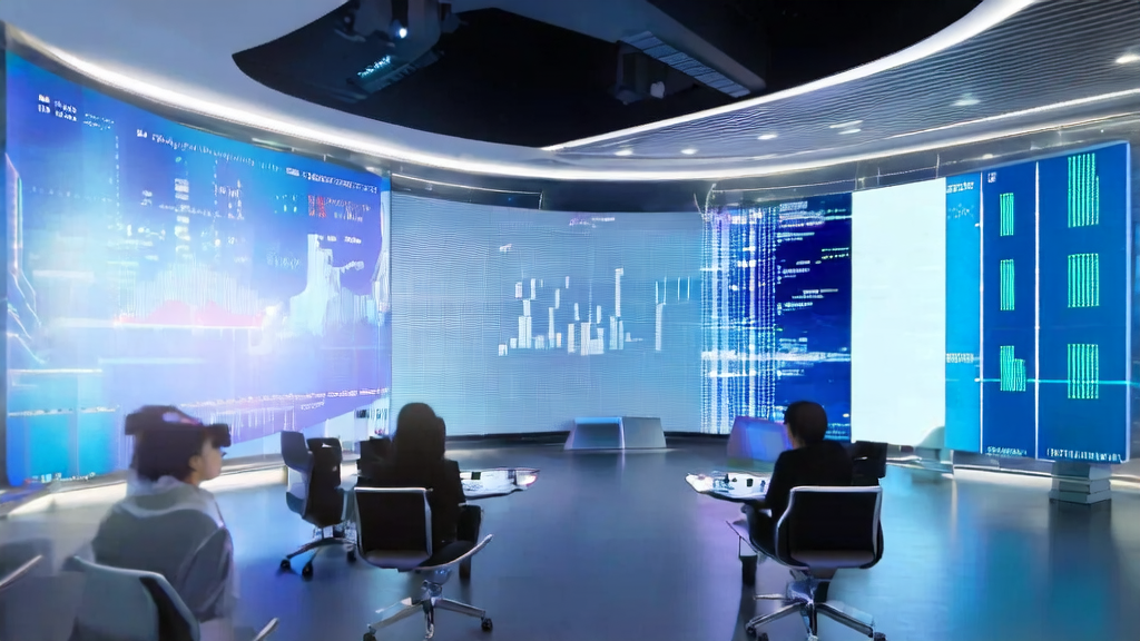 A futuristic office scene showcasing the AI smart acquisition system and DICE-Talk tool in operation, highlighting cost optimization and technological innovation.
