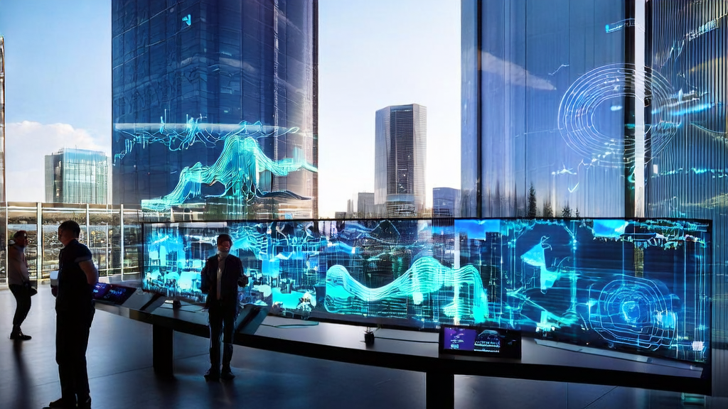 A futuristic city center showcasing the application of AI smart acquisition systems, highlighting data scientists working with advanced technology for business success.