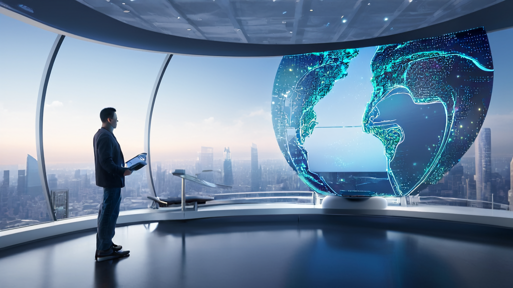 AI smart acquisition system in a modern office, showcasing global market expansion