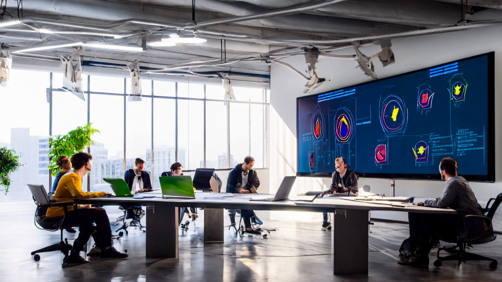 AI-powered customer acquisition system transforming cross-border e-commerce; team discussing data analysis and personalized email marketing strategies in a sunny office.