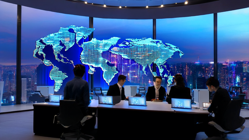 How AI Smart Acquisition System Reshapes the Export Market: Featuring a modern office where employees use advanced technology and holographic projection equipment to analyze global markets.