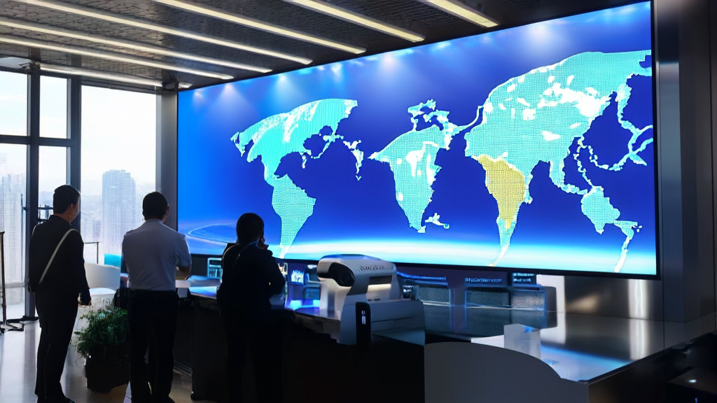 Modern office where employees use AI smart acquisition system to monitor global market trends in real-time, showcasing the latest AI technology support