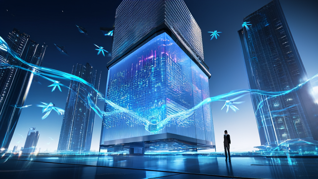 A young entrepreneur using Volcano Engine's AI smart acquisition system to get creative domain name suggestions in a futuristic city