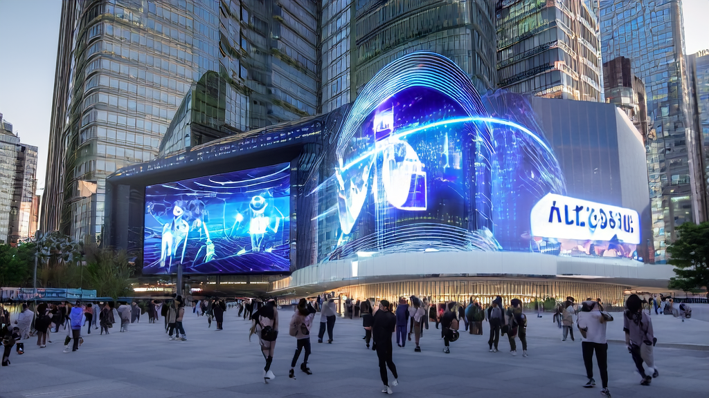A futuristic city center with a large screen showcasing the AI smart customer acquisition system and an interactive virtual assistant