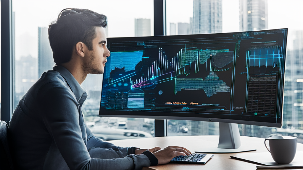 A young entrepreneur in a modern office using an AI smart customer acquisition system, with a chart on the wall showing B2B market growth trends.