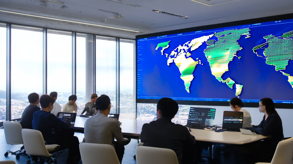 现代化办公室中展示AI智能获客系统的界面和谷歌零代码应用Opal的操作